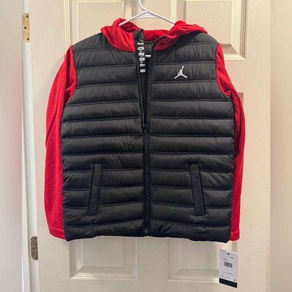 Jordan Kids Black and Red Hooded Puffer Jacket